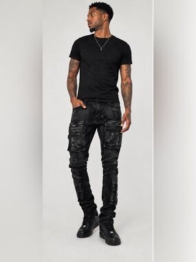 ARKETYPE Black Distressed Slim Cargo Jeans Y2K Stacked